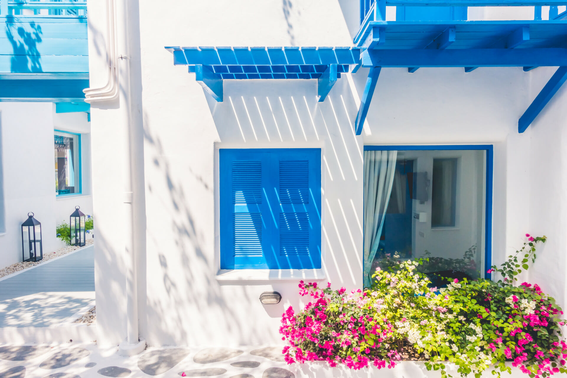 Beautiful Architecture building Exterior with santorini and greece style - Vintage light filter